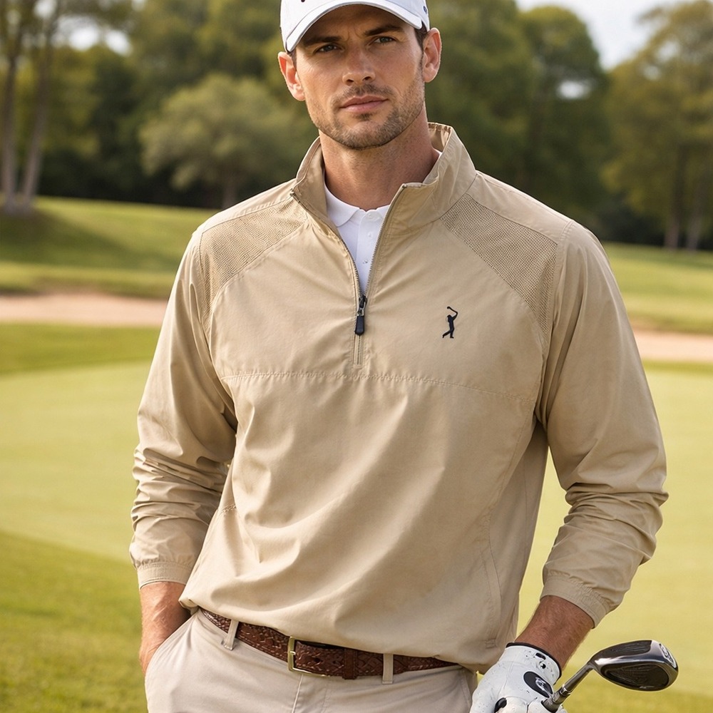 PGA Tour Mens Large Tan Convertible Quarter Zip Windbreaker Golf Jacket Pullover